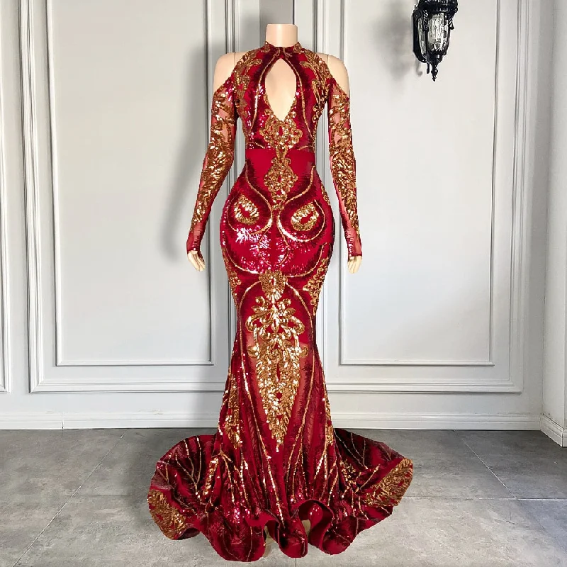 Long Sleeve Sexy Mermaid O-neck Off The Shoulder Burgundy and Gold Sequin Long Prom Dress