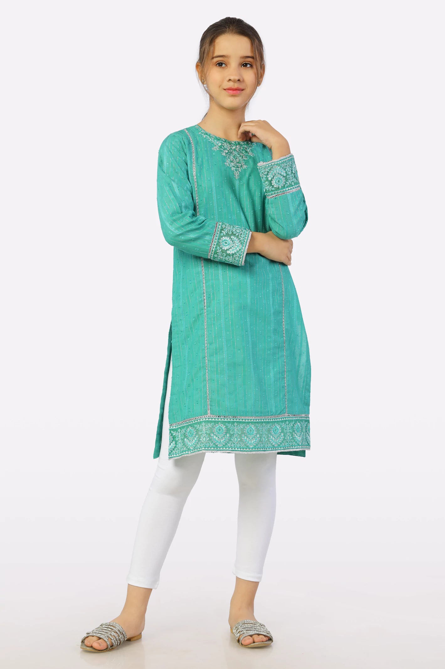 Green Embroidered Teen Kurti