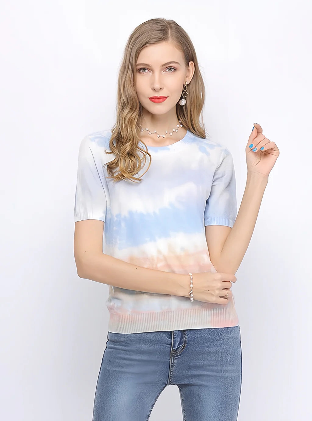 FASHION TIE-DYED SHORT-SLEEVED LOOSE ROUND NECK SWEATER