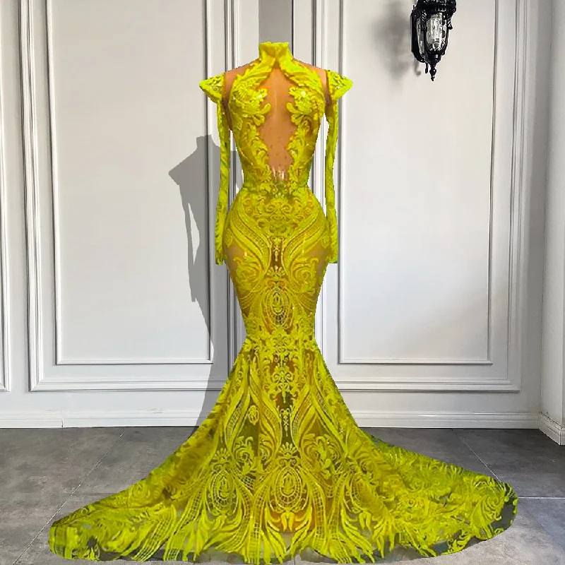 Long Elegant Prom Dresses 2023 See Through Sexy Long Sleeve Sparkly Yellow Sequin Mermaid Prom Gowns