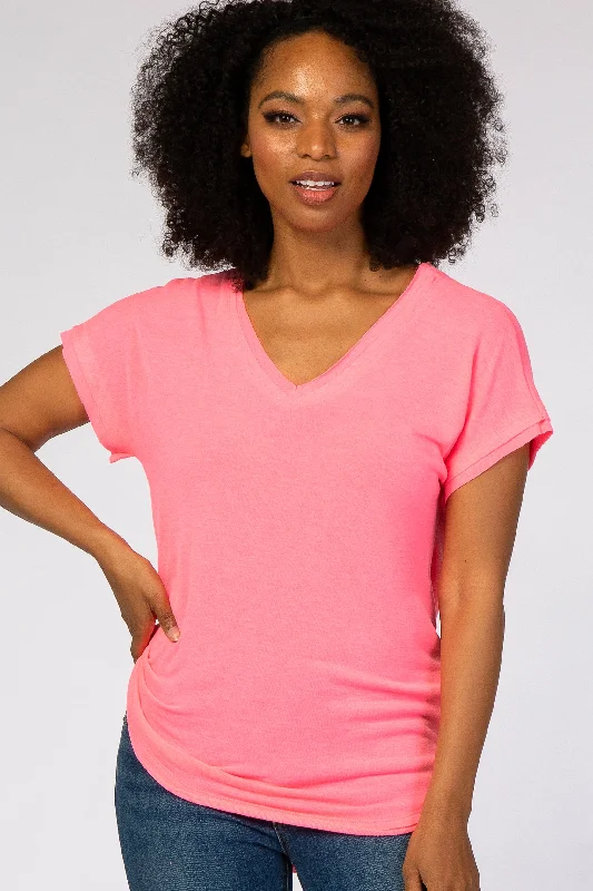 Neon Pink V-Neck Raw Hem Short Sleeve Top