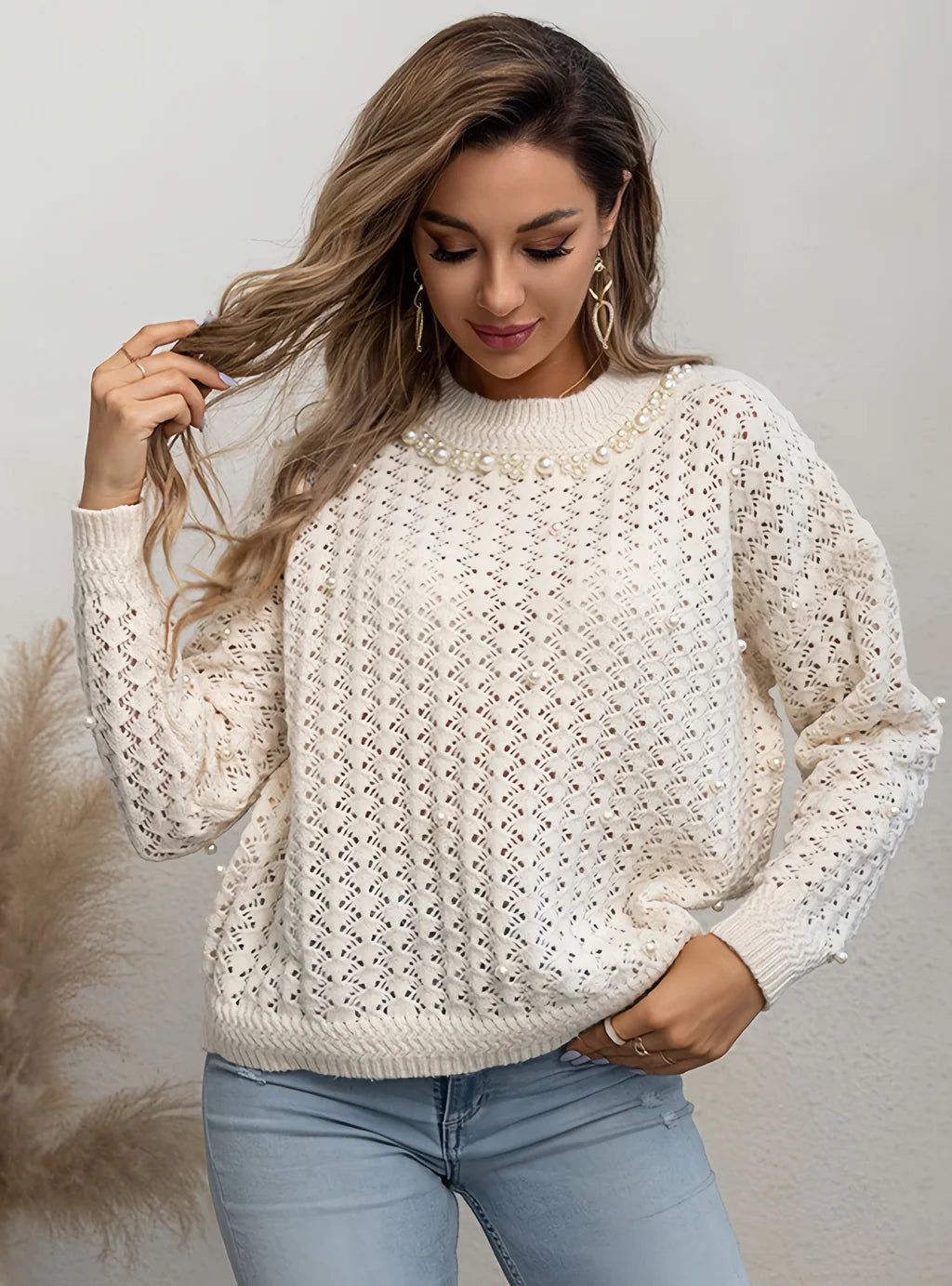 FASHION RETRO BEADED ROUND NECK LONG SLEEVE SWEATER