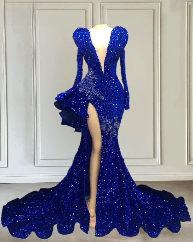 Sexy Long Sleeves Beading Rhinestone High Slit Prom Dress