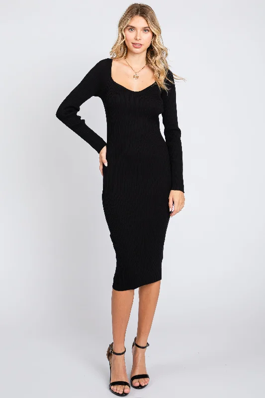 Black Ribbed Knit Fitted Long Sleeve Dress