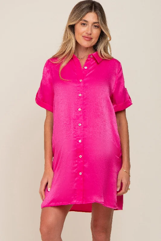 Fuchsia Satin Button Front Short Sleeve Maternity Dress