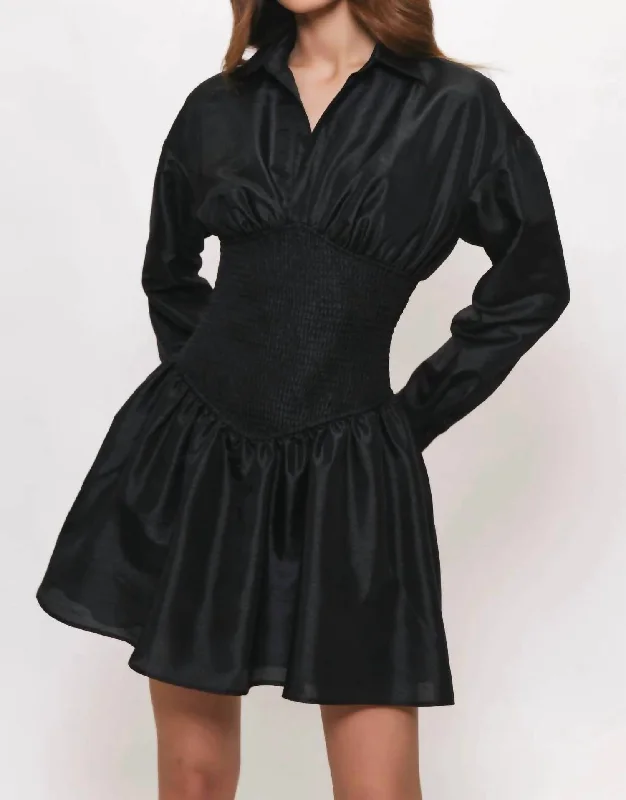 Long Sleeve Collared Smocked Mini Dress In Black