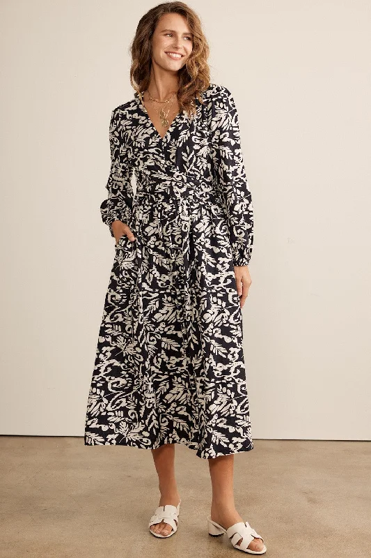 Black Abstract Floral Gathered Front Midi Dress