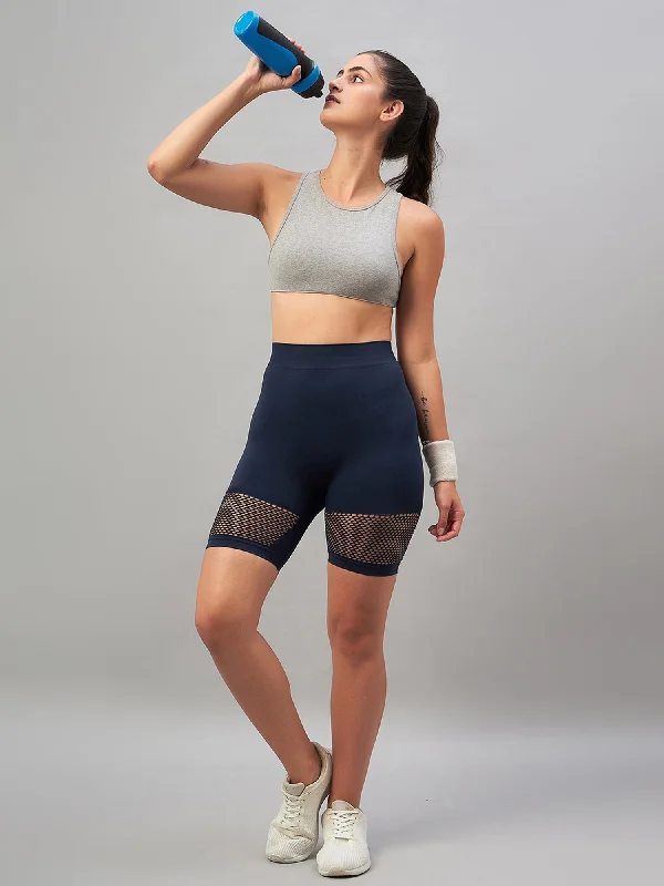 Seamless Women Navy Blue Short with Mesh Structure