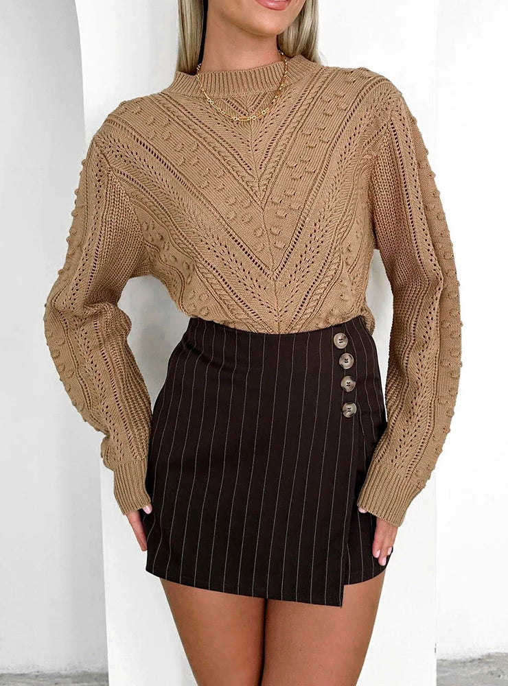 Solid Color Round Neck Jacquard Sweater