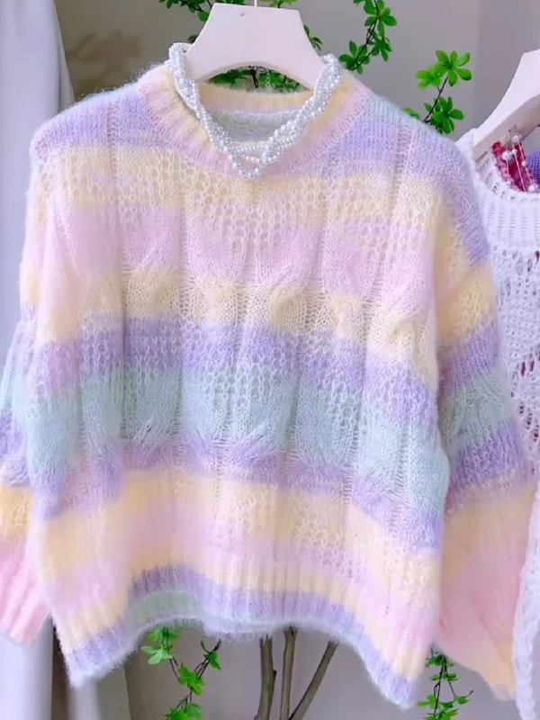 Soft Knit Fuzzy Dreamy Pastel Rainbow Sweater