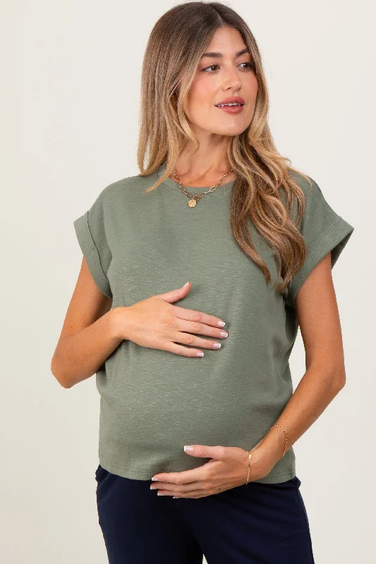 Light Olive Rolled Short Sleeve Maternity Tee