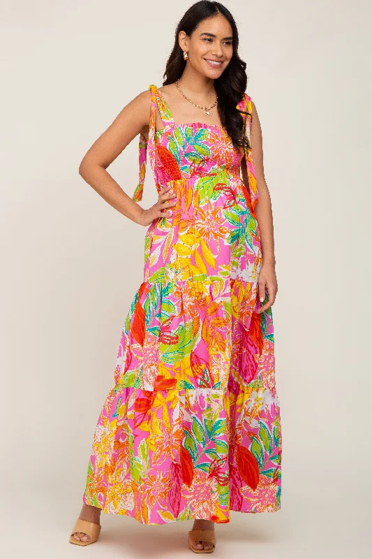 Pink Tropical Print Smocked Tie Sleeve Maternity Maxi Dress