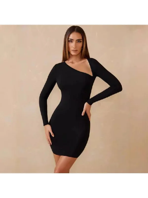 Plain Irregular Fitted Long Sleeves Mini Dress