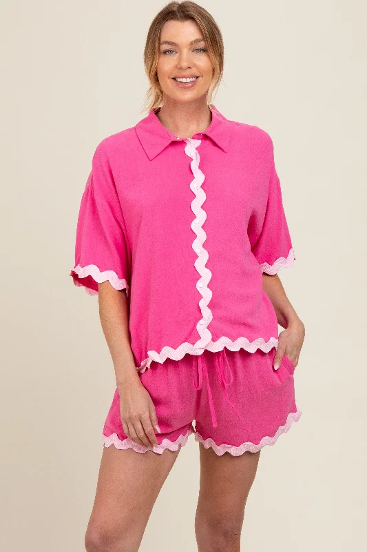 Fuchsia Ric Rac Trim Detailed Shirt and Shorts Maternity Set