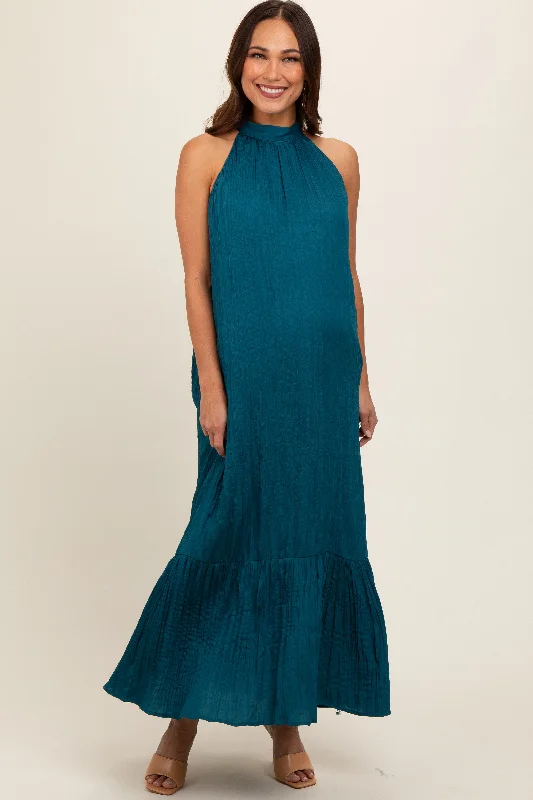 Teal Textured Halter Tie Maternity Maxi Dress