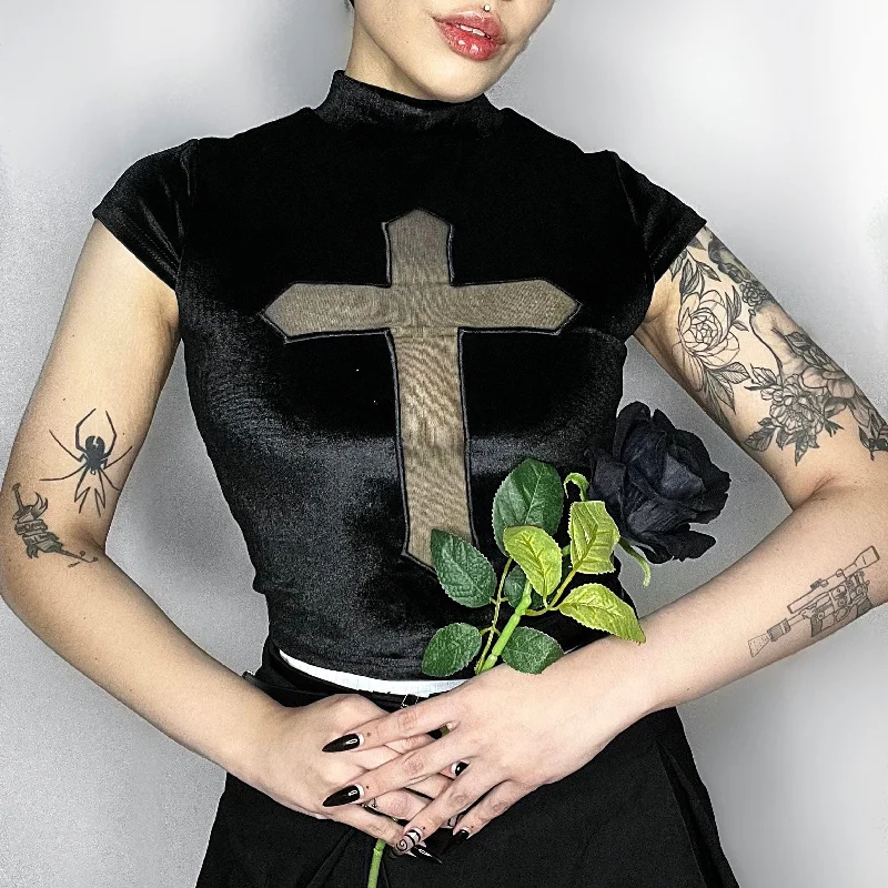 Women's Gothic Cross Mesh Splice Velvet Shirt