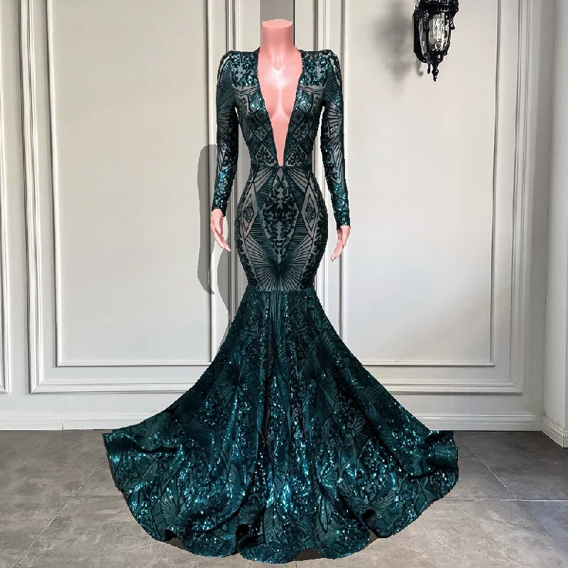 Sexy Emerald Green Sequined Long Sleeve Prom Dress