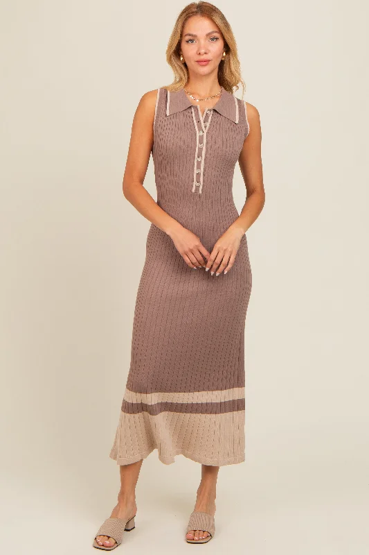 Mocha Knit Button Front Contrast Border Midi Dress