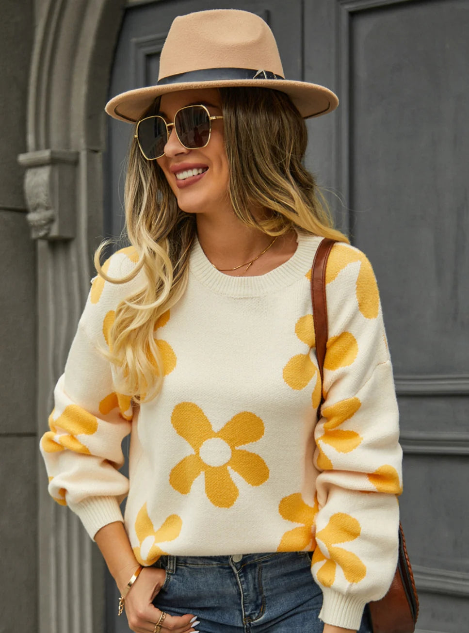 Printed Pullover Flower Sweater