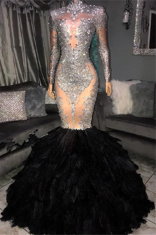 Luxury Beading Prom Dress With Elegant High Neck Long Sleeve Mermaid Feather Hemline