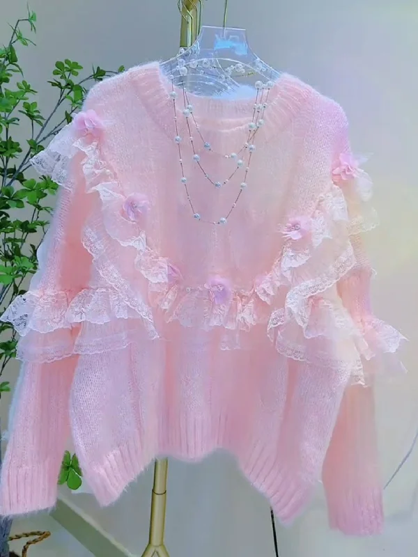 Lace Ruffles Floral Pastel Pink Sweater