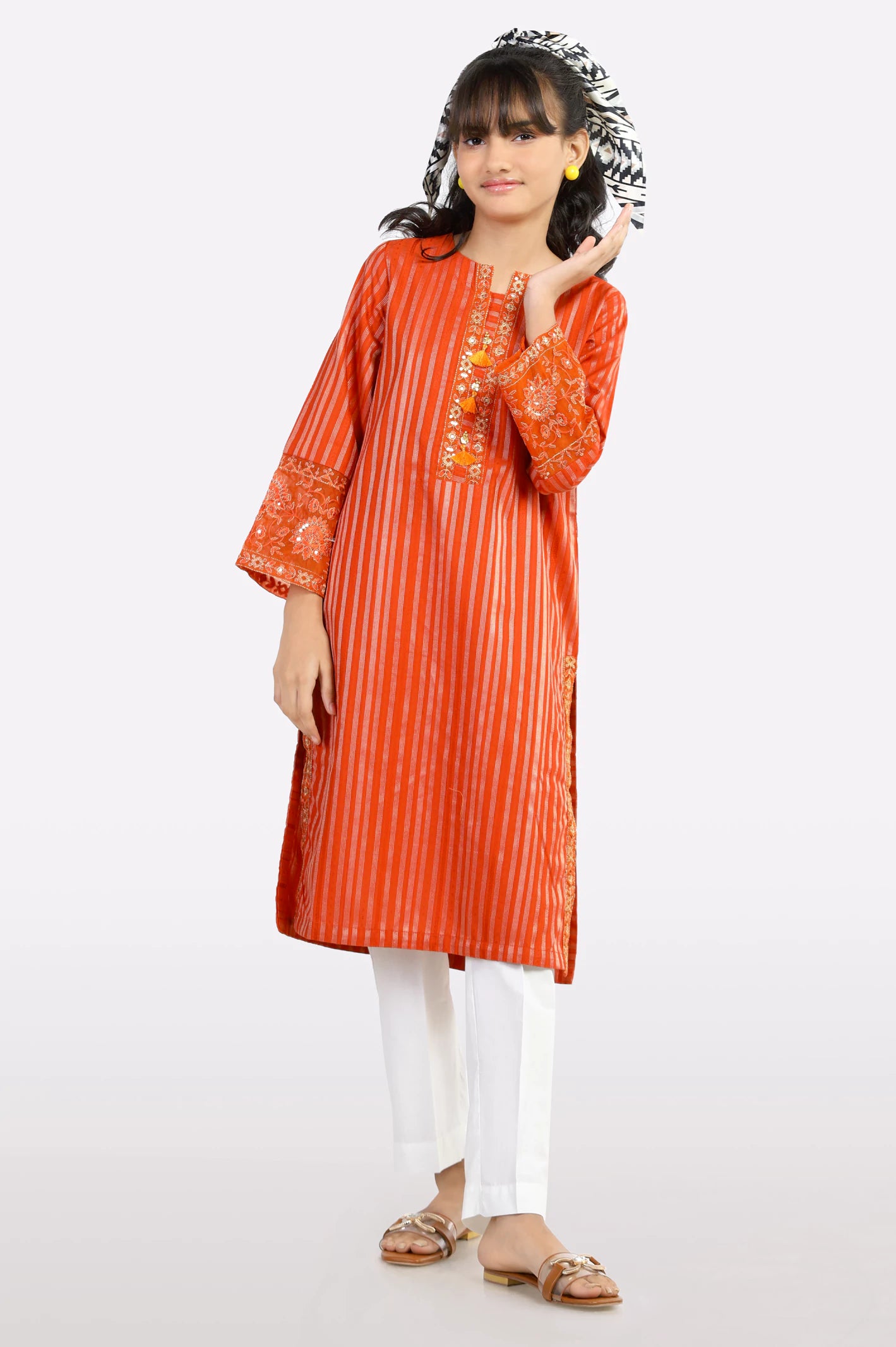 Orange Embroidered Teens Kurti