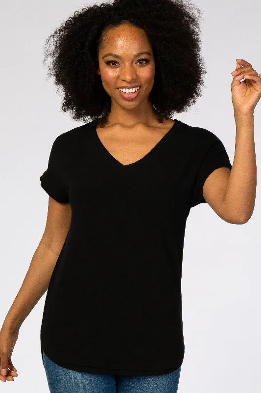 Black V-Neck Raw Hem Short Sleeve Top