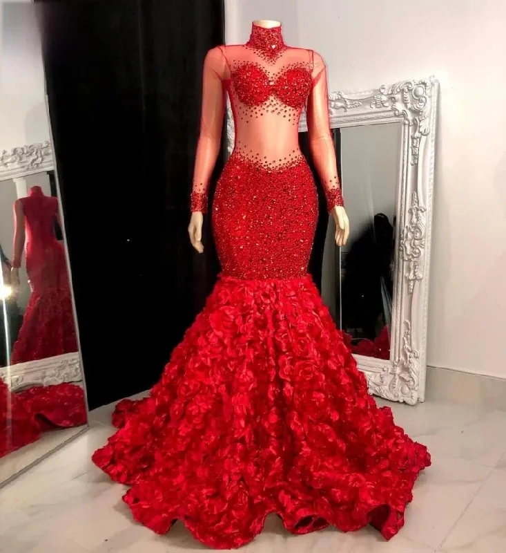 Red High Neck Beaded Long Sleeves Prom Dress