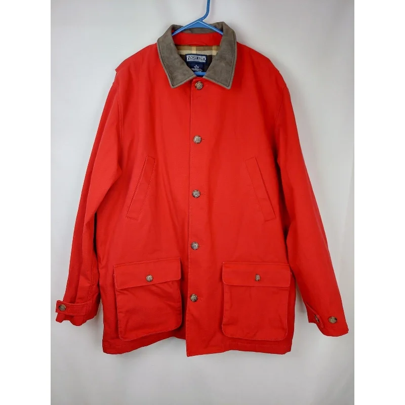 Lands End Men's Red Canvas Flannel Lined Chore Coat Jacket Suede Collar Size XLT