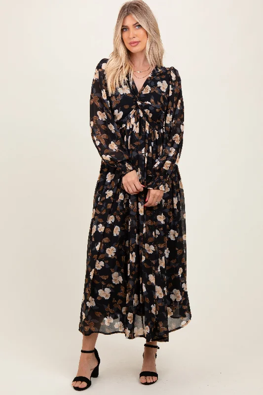 Black Floral Chiffon Twist Front Wrap Maxi Dress