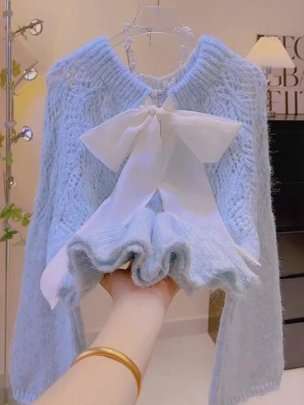 White Bow Delicate Baby Blue Sweater