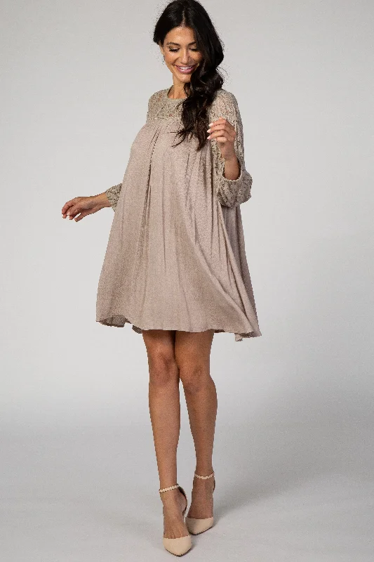 Taupe Long Sleeve Lace Keyhole Back Dress