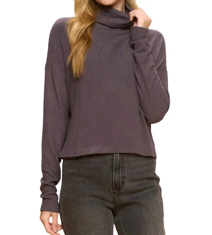 Brushed Knit Cowl Neck Long Sleeve Top In Charcoal