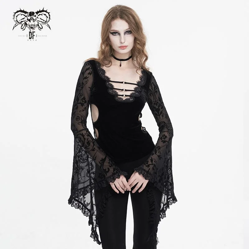 Women's Punk Plunging Flared Sleeved Mesh Splice Shirt