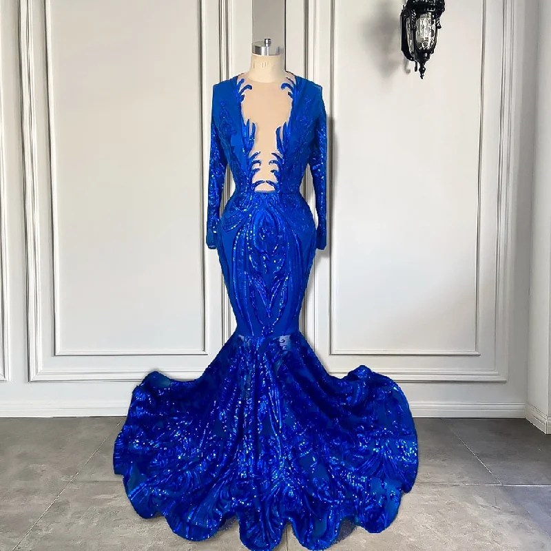 Sparkly Royal Blue Sequin Long Sleeve Prom Dress