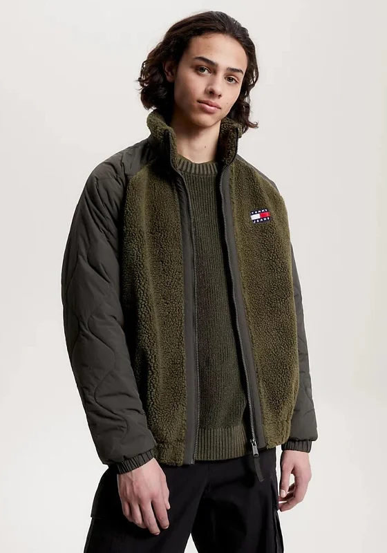 Tommy Jeans Mixed Media Sherpa Full Zip Jacket, Olive Green