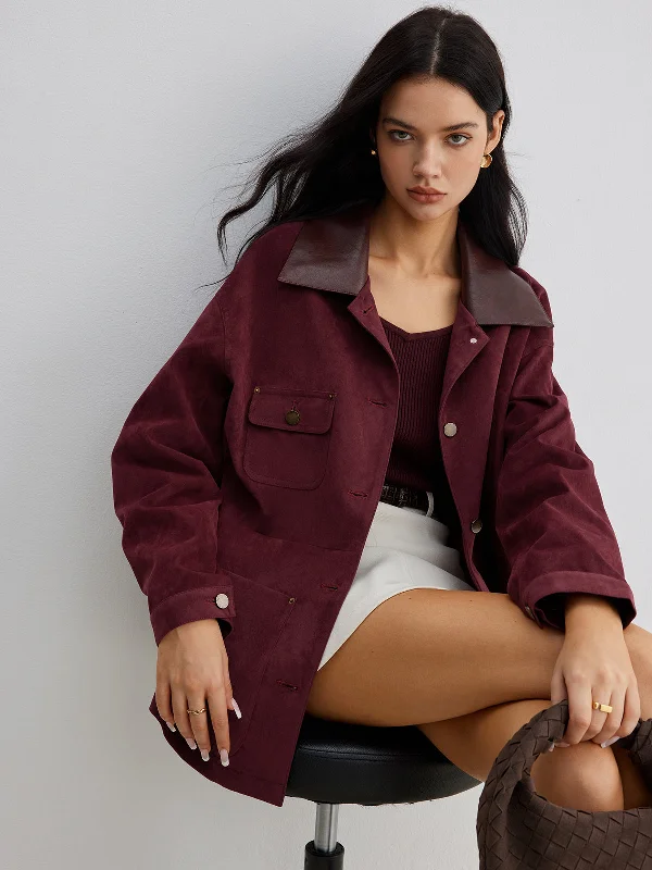 Suede Contrast Collar Pockets Jacket