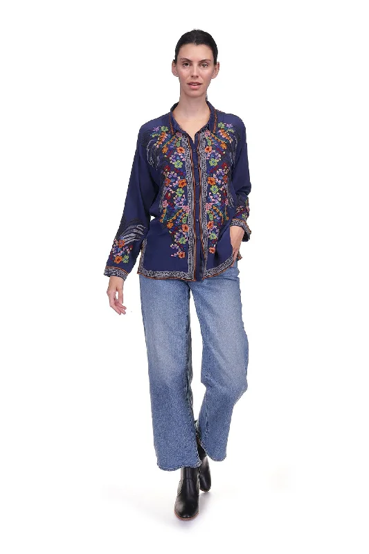 The Audrey Oversized Embroidered Blouse by Johnny Was in Navy