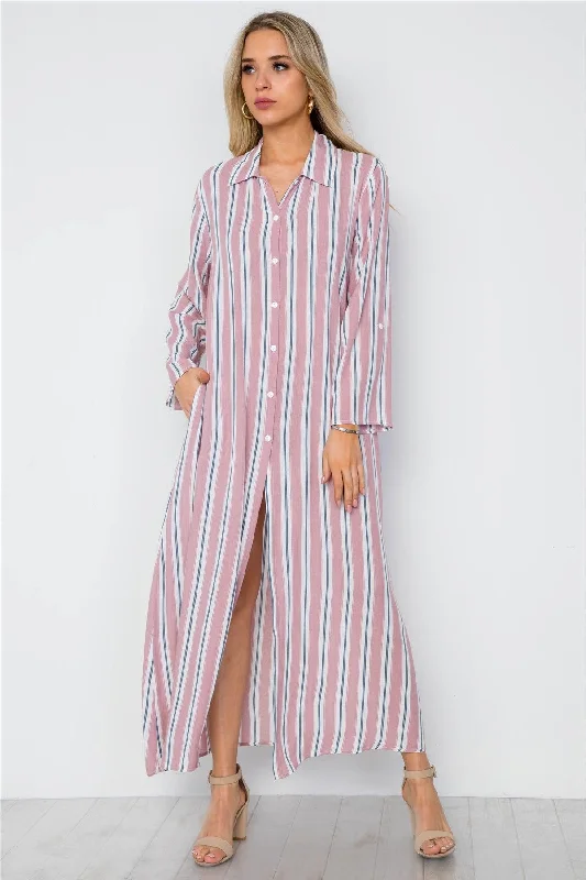 Mauve Multi Stripe Button Down Dress Maxi Blouse Shirt