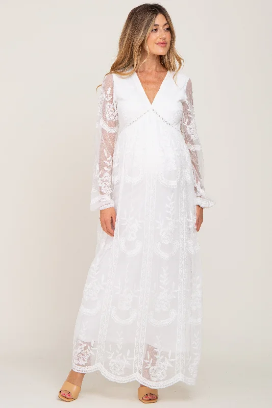 PinkBlush White Lace Mesh Overlay Long Sleeve Maternity Maxi Dress