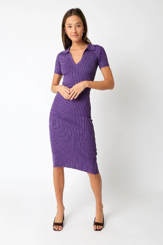 Purple Ribbed Collared V-Neck Midi Dress