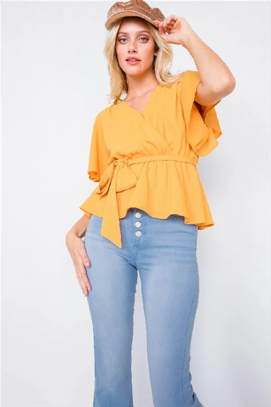 Mustard V-Neck Short Flounce Sleeve Chic Blouse  /1-3-2