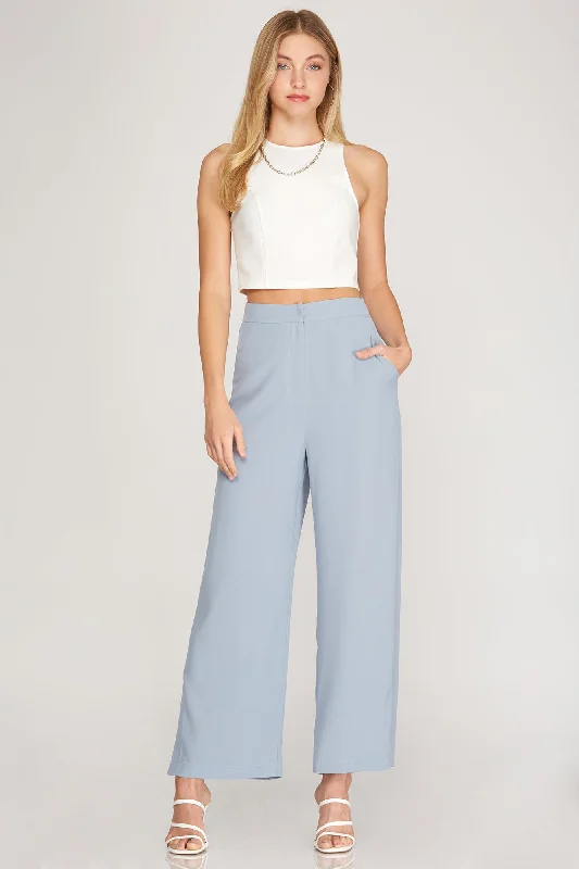 Stephie Side Slit Pants in Misty Blue and Taupe