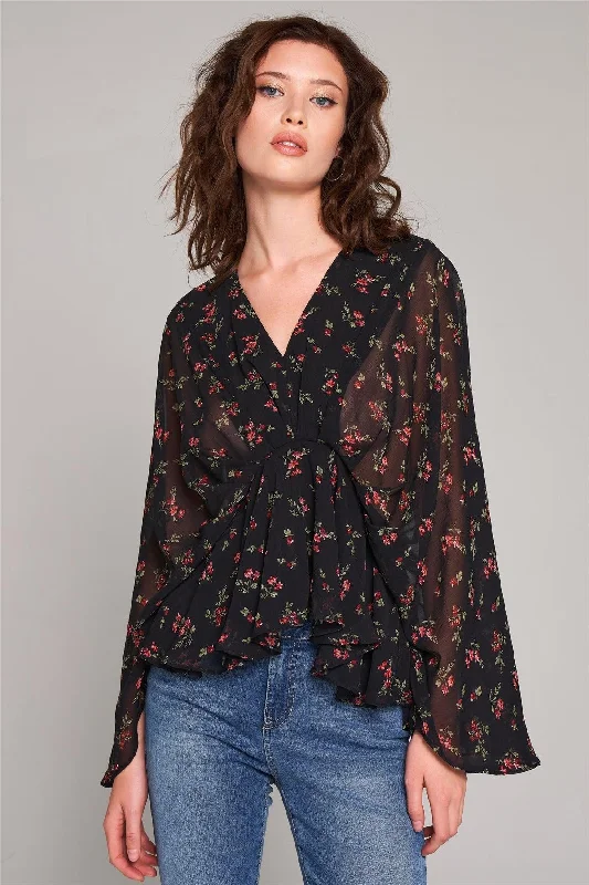 Black Floral Print V-Neck Angel Sleeve Gathered Waist Detail Blouse /3-2-1