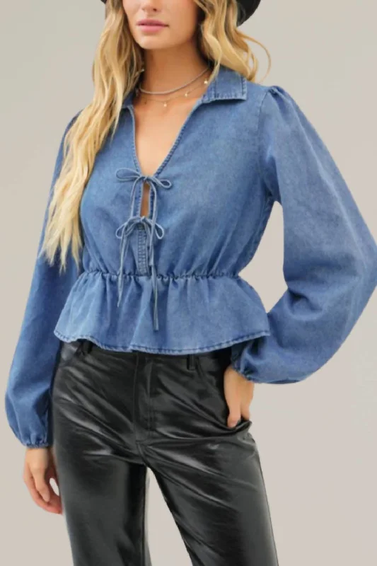 Washed Cotton Denim Double Tie Front Long Sleeve Top In Blue