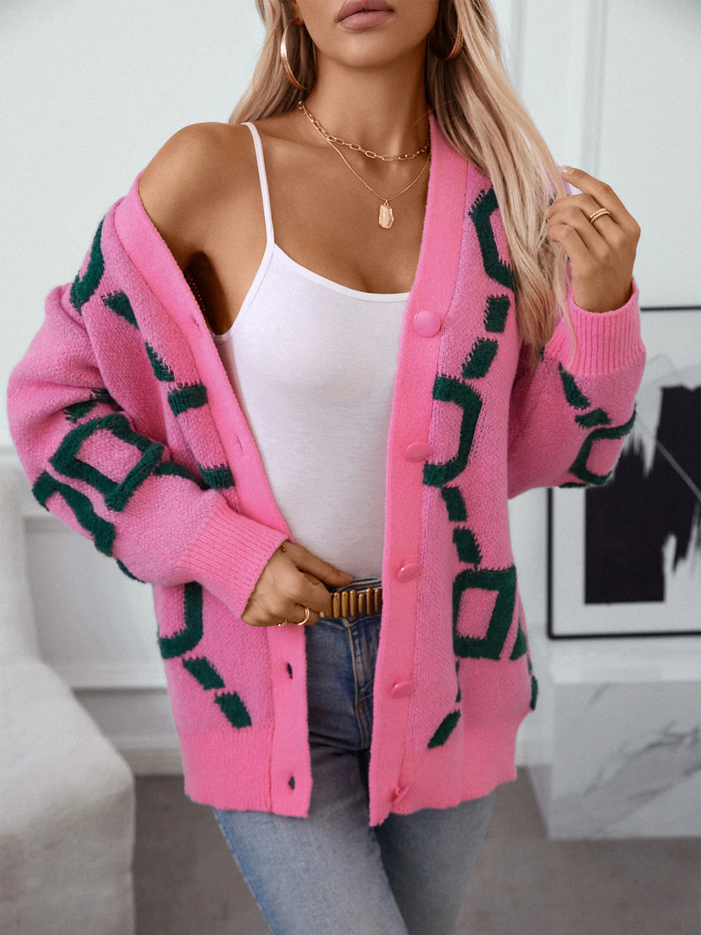 Long Button Knitted Letters Sweater Coat