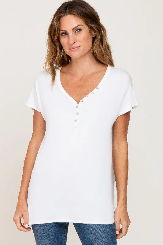 Ivory Button V-Neck Short Sleeve Top