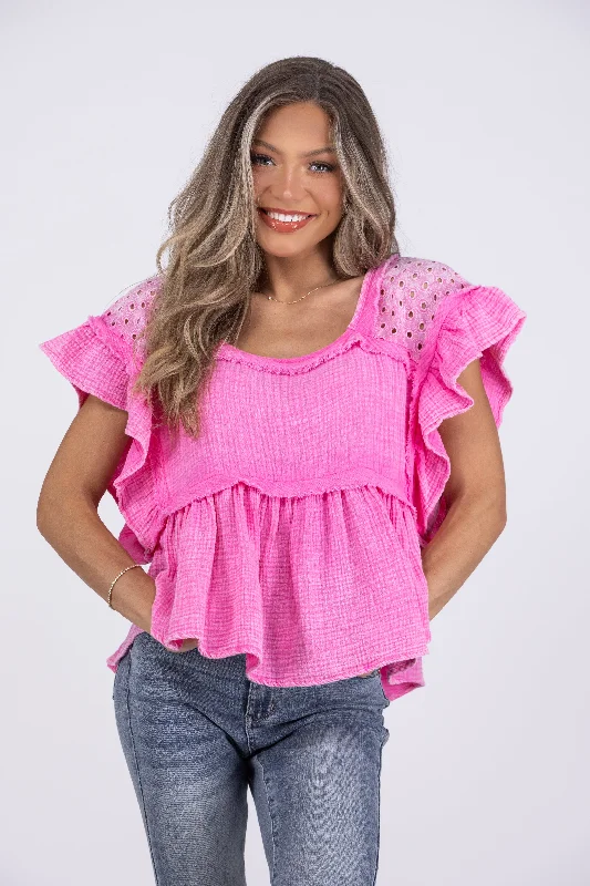 Ripples of Lace Women's Feminine Ruffle Short Sleeve Top