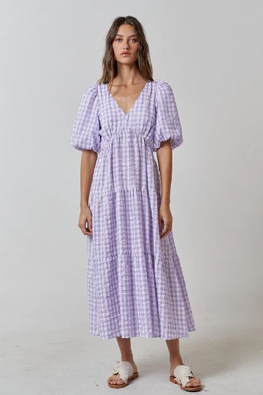 Lavender Gingham Puff Sleeve Tiered Midi Dress