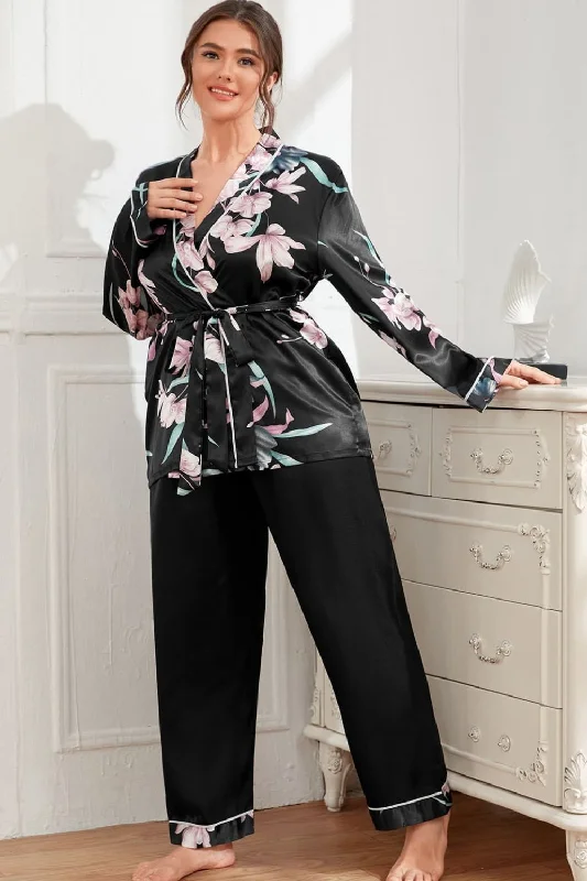 Tier 2 Plus Size Floral Belted Robe and Pants Pajama Set